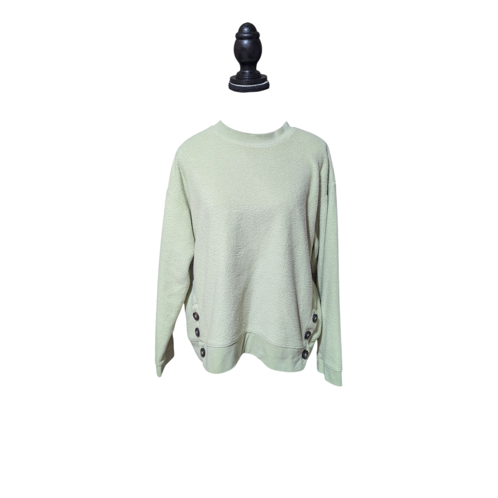 Madewell (Re)Sourced Mint Green Fleece Crew Neck Sweater Brown Buttons Sz XS GUC